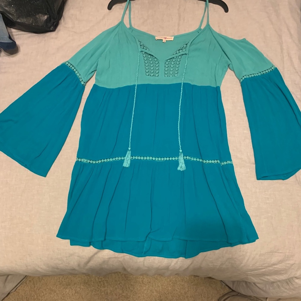 Light and dark teal sundress with bell sleeves